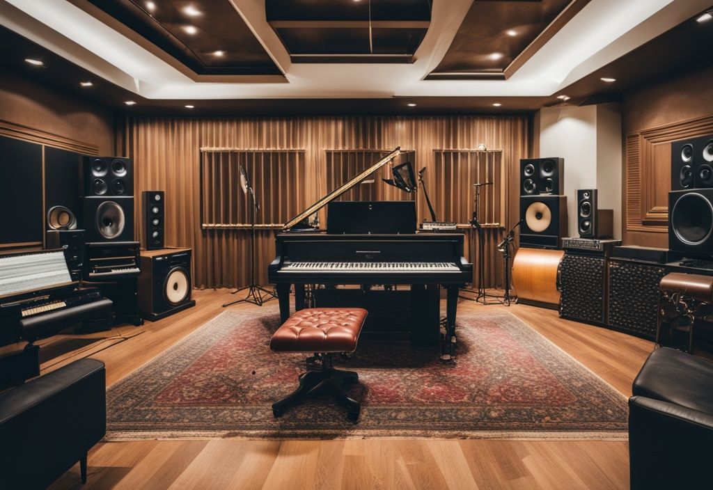 Luxuriöses Tonstudio mit hochwertigen Musikinstrumenten und Equipment, symbolisierend Calum Scott Vermögen in der Musikindustrie.