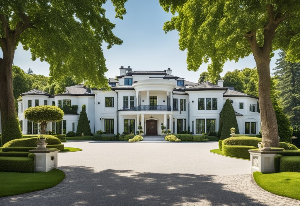 Luxuriöses Herrenhaus mit langer Auffahrt und teuren Autos, umgeben von üppigem Grün und klarem blauen Himmel, Jana Wagenhuber Vermögen