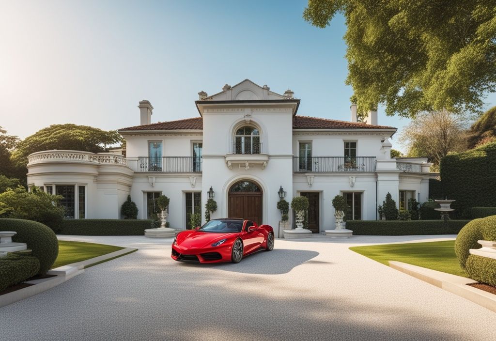 Luxuriöse Villa mit einem schicken Sportwagen in der Einfahrt, umgeben von üppigem Grün und klarem blauen Himmel.