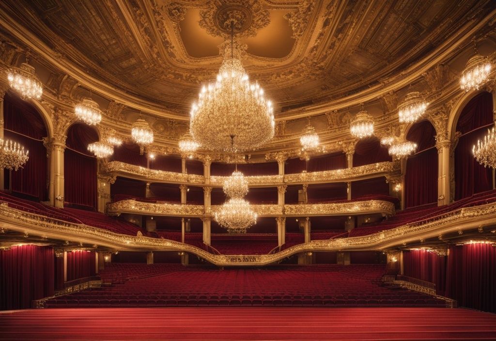 Luxuriöses Opernhaus-Interieur mit goldenen Details, Samtsitzen und großem Kronleuchter, symbolisiert Reichtum und Erfolg in der Welt des Operngesangs, Jonas Kaufmann Vermögen.