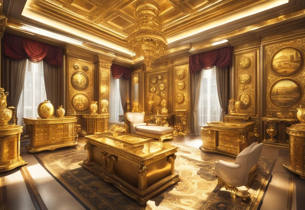 Luxuriöser Raum mit Goldmünzen, teuren Artefakten und opulenten Möbeln, symbolisiert Goldheinz Vermögen