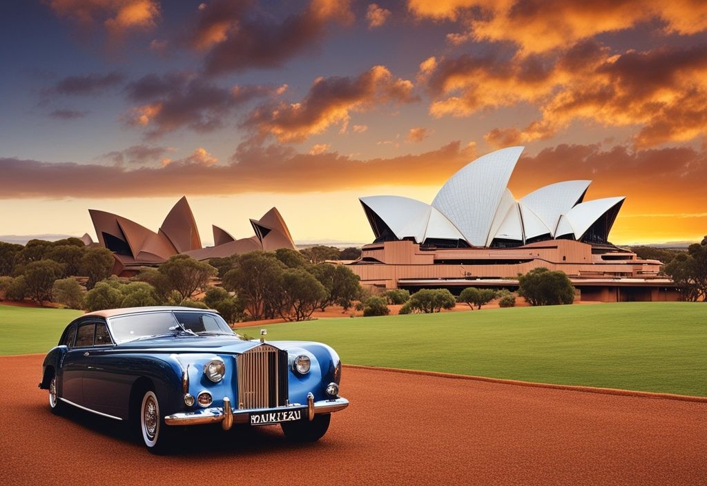 Australische Landschaft mit Reichtumssymbolen: Goldnuggets, luxuriöses Herrenhaus, teures Auto, Privatjet, im Hintergrund Sydney Opera House und Ayers Rock.