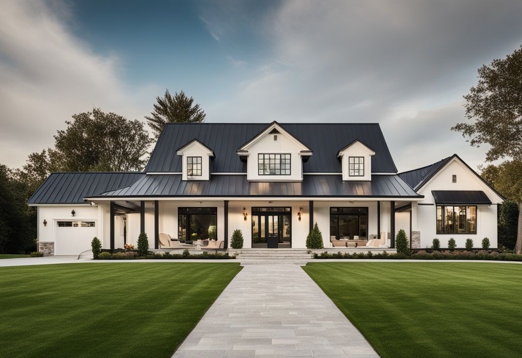 Luxuriöses modernes Bauernhaus mit großer Veranda, grüner Rasenfläche, langer von Bäumen gesäumter Auffahrt und glänzendem schwarzen Luxusauto vor dem Haus unter klarem blauem Himmel.