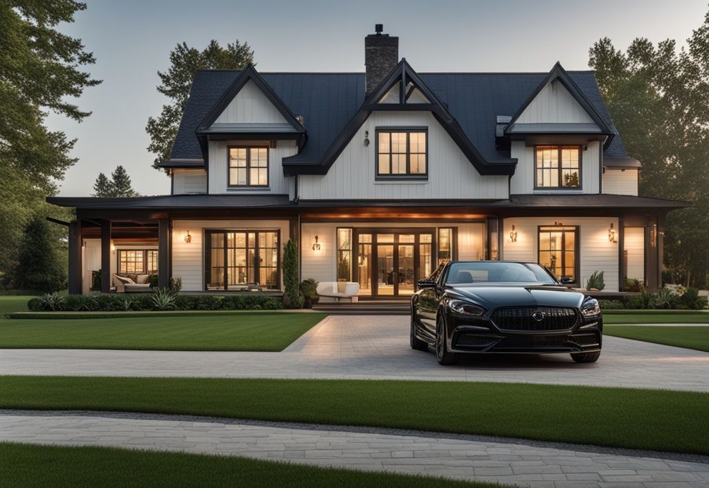 Luxuriöses modernes Bauernhaus mit großer Veranda, grünem Rasen, langer baumgesäumter Auffahrt und schwarzem Luxusauto vor dem Haus unter klarem blauen Himmel