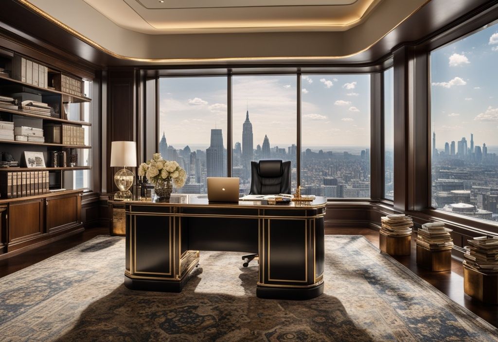 Luxuriös eingerichtetes Büro mit großem polierten Schreibtisch, hochwertigen Gadgets, goldenem Stift und einem Stapel Bargeld; im Hintergrund ein großes Fenster mit Blick auf die geschäftige Skyline der Stadt.