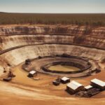 Panoramablick auf eine wohlhabende australische Goldmine während des Goldrauschs, mit verstreuten Goldnuggets und dem ikonischen australischen Outback im Hintergrund, Matt Goldrausch Australien Vermögen.