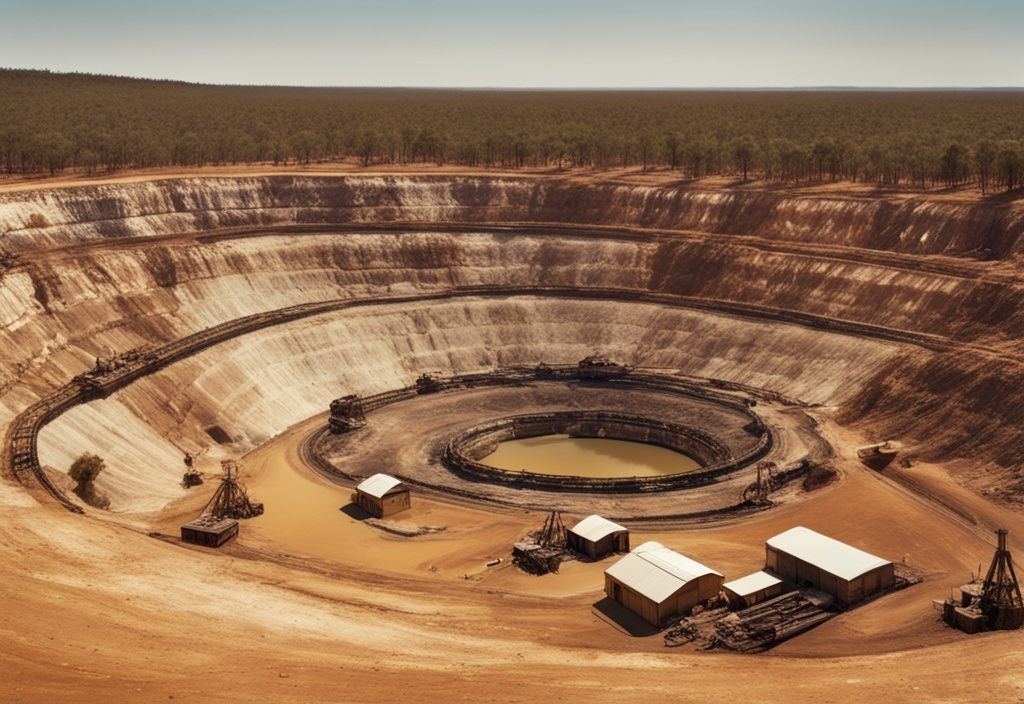 Panoramablick auf eine wohlhabende australische Goldmine während des Goldrauschs, mit verstreuten Goldnuggets und dem ikonischen australischen Outback im Hintergrund, Matt Goldrausch Australien Vermögen.