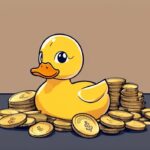 Anni The Duck Vermögen - Ein Haufen Goldmünzen und Dollarnoten neben einer Quietscheente, symbolisiert Reichtum und Wohlstand.