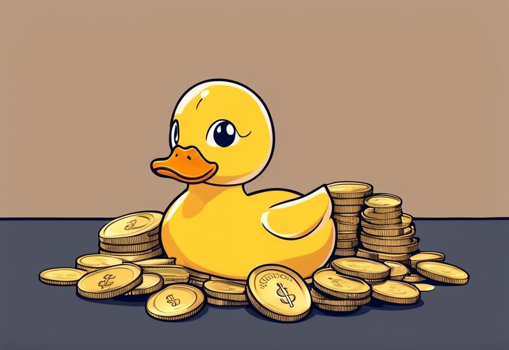 Anni The Duck Vermögen - Ein Haufen Goldmünzen und Dollarnoten neben einer Quietscheente, symbolisiert Reichtum und Wohlstand.