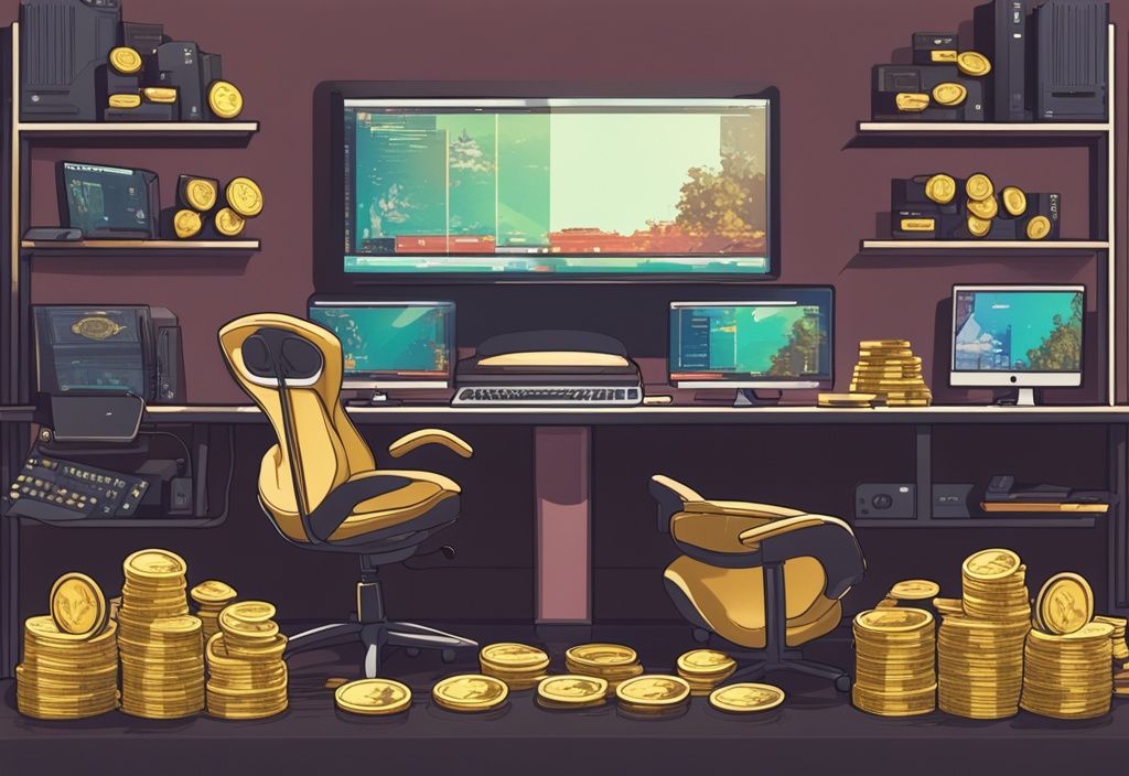 Luxuriöses und modernes Gaming-Setup mit High-End-Computern, mehreren Monitoren, Gaming-Stühlen und Konsolen, umgeben von Stapeln aus Goldmünzen und Dollar-Scheinen.