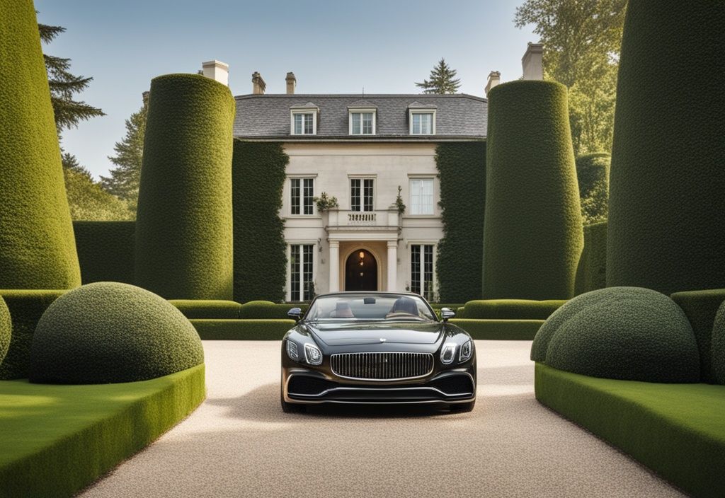 Luxuriöse Villa mit weitläufigem Garten, Topiary, langer geschwungener Auffahrt und glänzendem Luxusauto, das Wohlstand und Erfolg zeigt