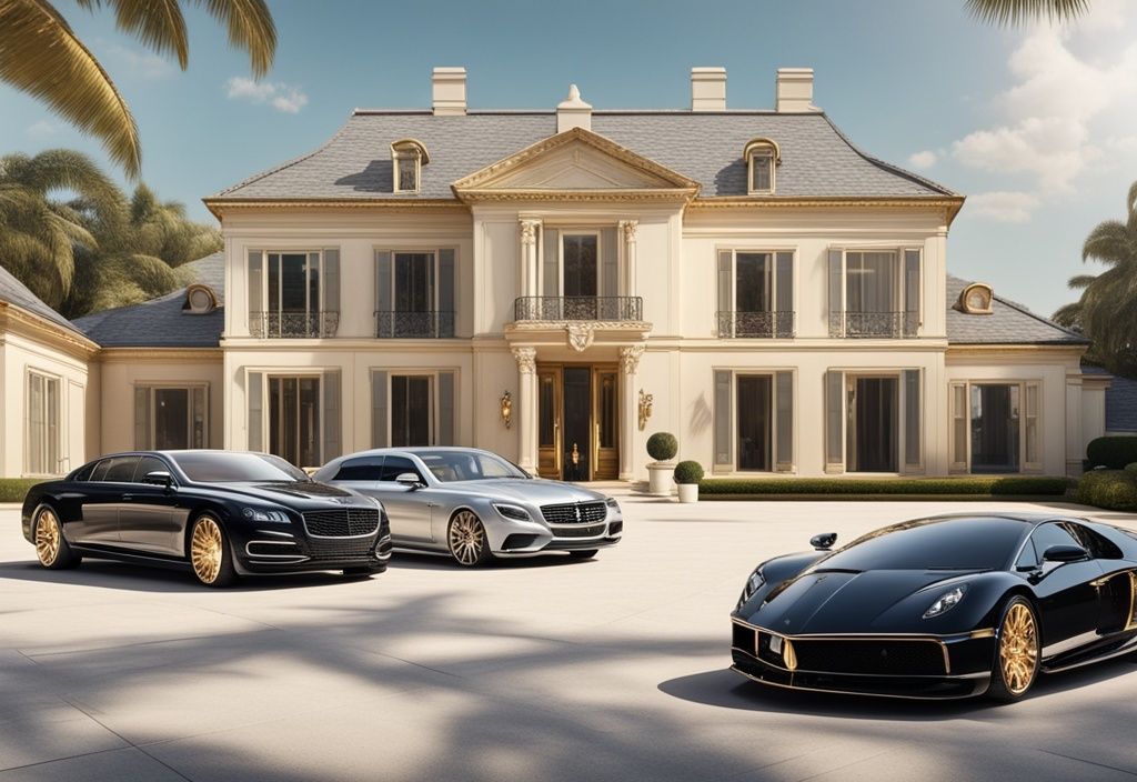 Luxuriöse Villa mit langer Auffahrt, teuren Autos, privatem Jet im Hintergrund und einem Tisch voller Gold- und Diamantschmuck