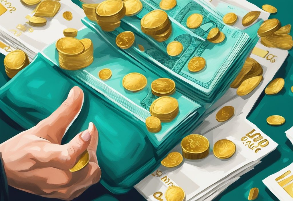 Moderne digitale Illustration in Türkis: Eine Hand hält einen 200-Euro-Schein, der sich in einen Haufen Goldmünzen und Luxusgegenstände verwandelt, symbolisierend den Weg mit 200 Euro zum Millionär.