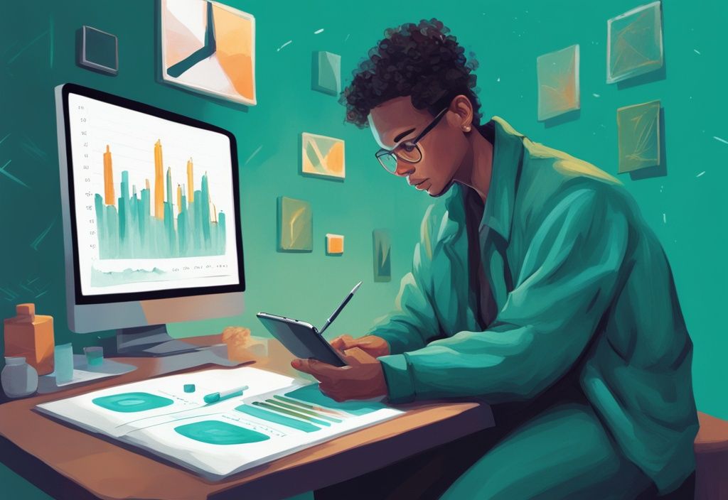 Moderne digitale Illustration in Teal: Junge Person studiert auf einem Tablet eine Grafik über durchschnittliche Vermögensbildung nach Alter, mit Fokus auf 30 Jahre - wie viel Vermögen sollte ich mit 30 haben.