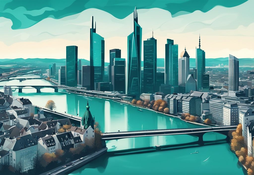 Moderne digitale Malerei von Frankfurt, der reichsten Stadt Deutschlands, mit beeindruckender Skyline aus Wolkenkratzern, traditioneller Architektur und dem belebten Main.