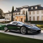 Luxuriöses Herrenhaus mit weitläufigem Rasen, einem High-End-Sportwagen in der Einfahrt und einem Privatjet am Himmel, symbolisch für Travis Scott Vermögen