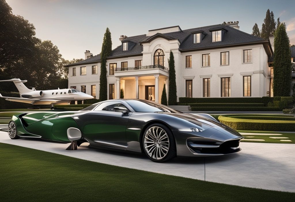 Luxuriöses Herrenhaus mit weitläufigem Rasen, einem High-End-Sportwagen in der Einfahrt und einem Privatjet am Himmel, symbolisch für Travis Scott Vermögen