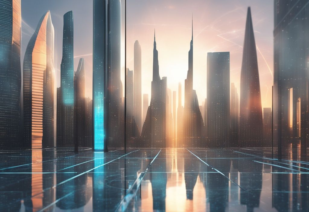 Futuristische Stadtansicht mit Wolkenkratzern aus Glas und Stahl im Sonnenaufgang, im Vordergrund ein holografischer Bildschirm mit Wachstums- und Fortschrittsdiagrammen, Future Vermögen.