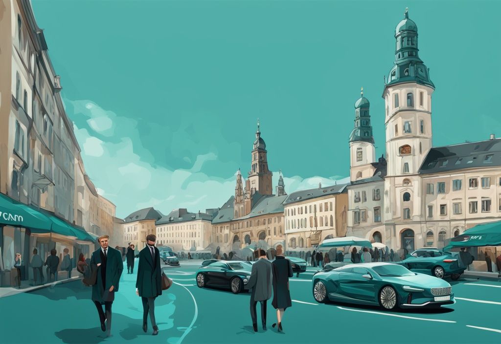 Panoramablick auf München mit luxuriösen Gebäuden, teuren Autos und elegant gekleideten Menschen in Designer-Kleidung, digital gemalt in modernen Tealtönen.