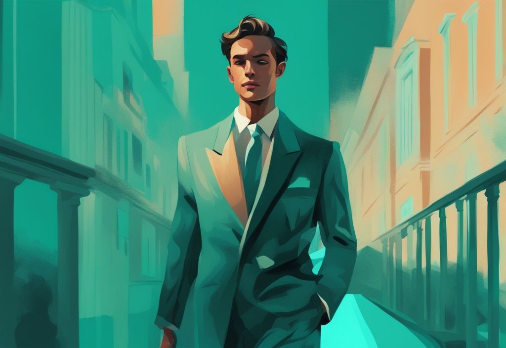 Moderne digitale Malerei, die den Übergang einer Person von einem bescheidenen Lebensstil zu einem luxuriösen Leben in Teal-Tönen darstellt, symbolisiert den Aufstieg in die Oberschicht.