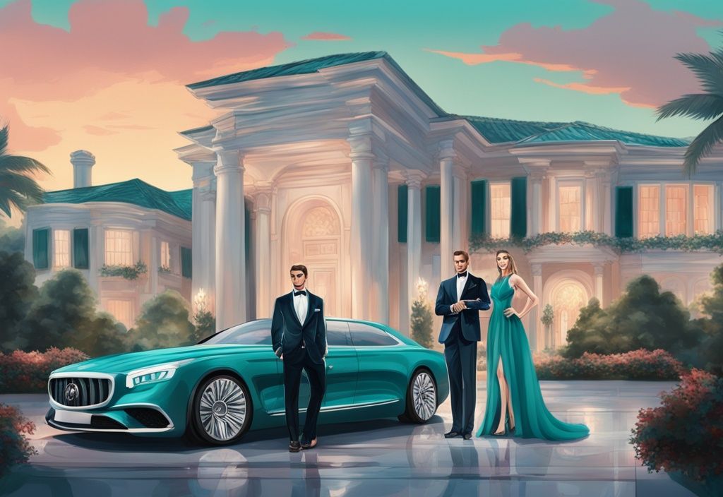 Moderne digitale Malerei mit einem luxuriösen Anwesen im Hintergrund, wohlhabende Familie in eleganter Kleidung, umgeben von Luxusautos, Privatjet und Yacht, Hauptfarbe Teal.