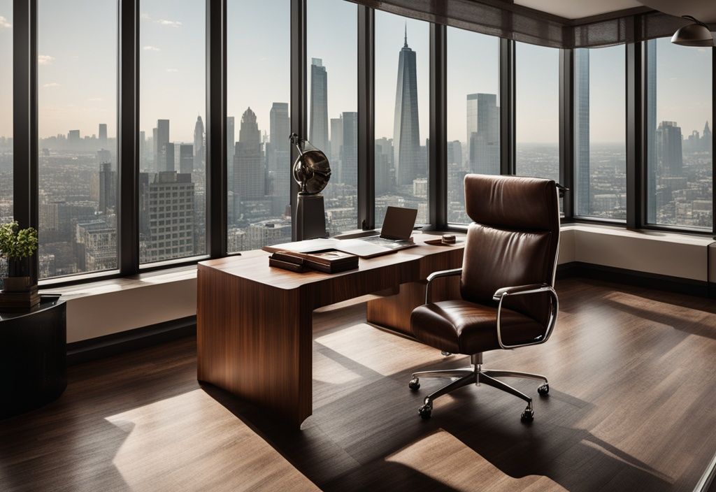 Luxuriöses Bürointerieur mit großem Holztisch, Ledersessel, Laptop, Bücherstapel und Blick auf die Skyline der Stadt - Björn Höcke Vermögen