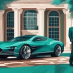 Moderner digitaler Gemäldeillustration eines wohlhabenden deutschen Geschäftsmanns vor einer luxuriösen Villa und einem High-End-Auto, wer ist der reichste Deutsche.