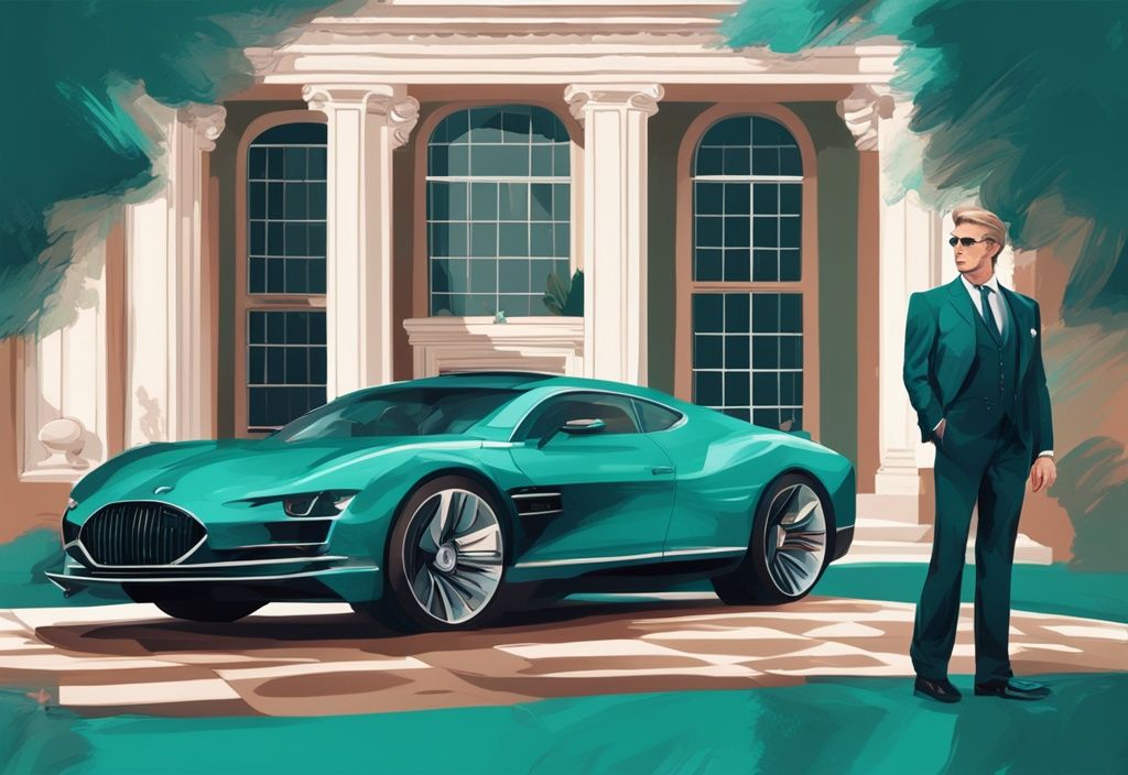 Moderner digitaler Gemäldeillustration eines wohlhabenden deutschen Geschäftsmanns vor einer luxuriösen Villa und einem High-End-Auto, wer ist der reichste Deutsche.