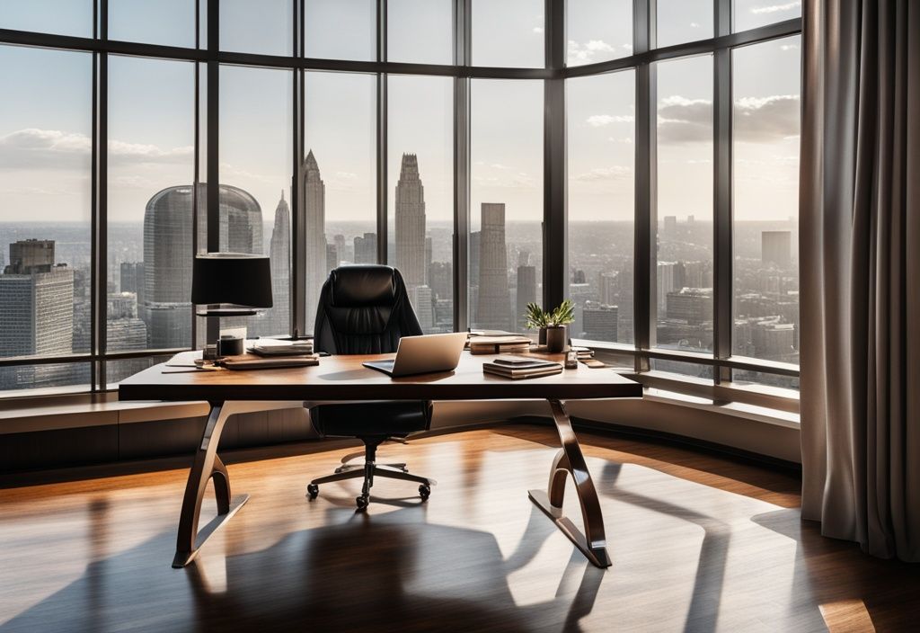 Luxuriöses Bürointerieur mit großem Holztisch, Ledersessel, Laptop, Bücherstapel und Blick auf die Skyline der Stadt - Björn Höcke Vermögen