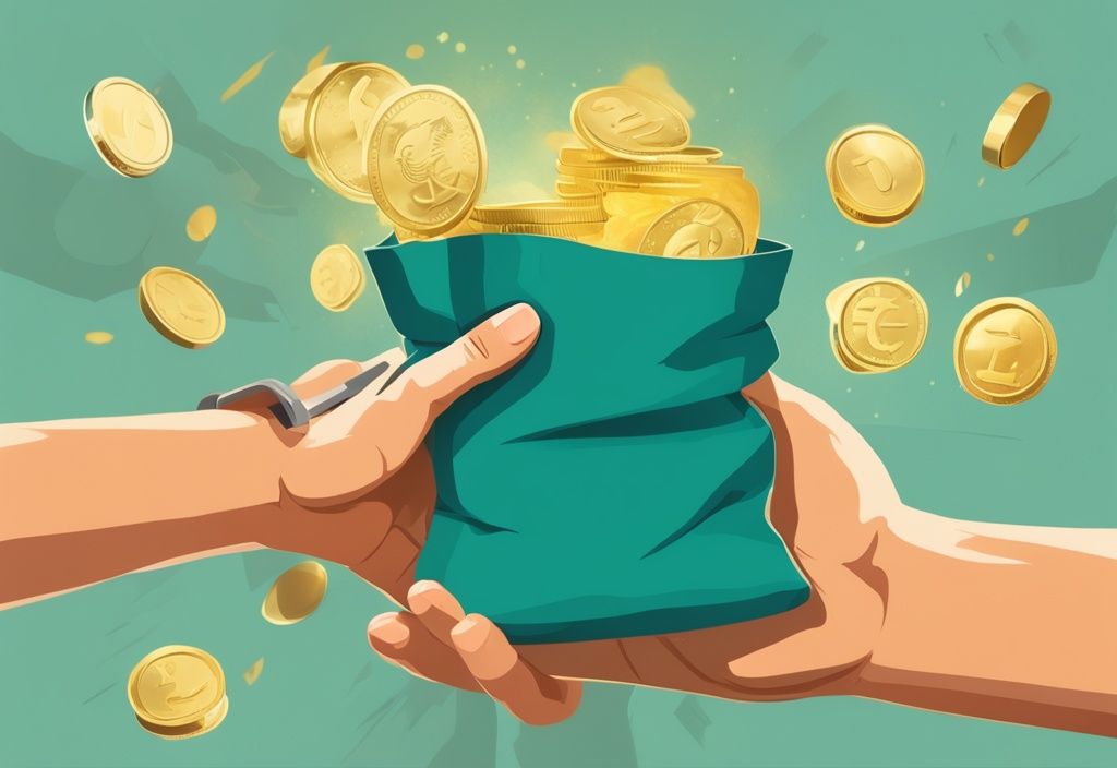 Moderne digitale Illustration in Teal, Hand hält 200-Euro-Schein, Übergang zu Hand mit großem Sack voller Goldmünzen, symbolisiert den Weg vom 200 Euro zum Millionär