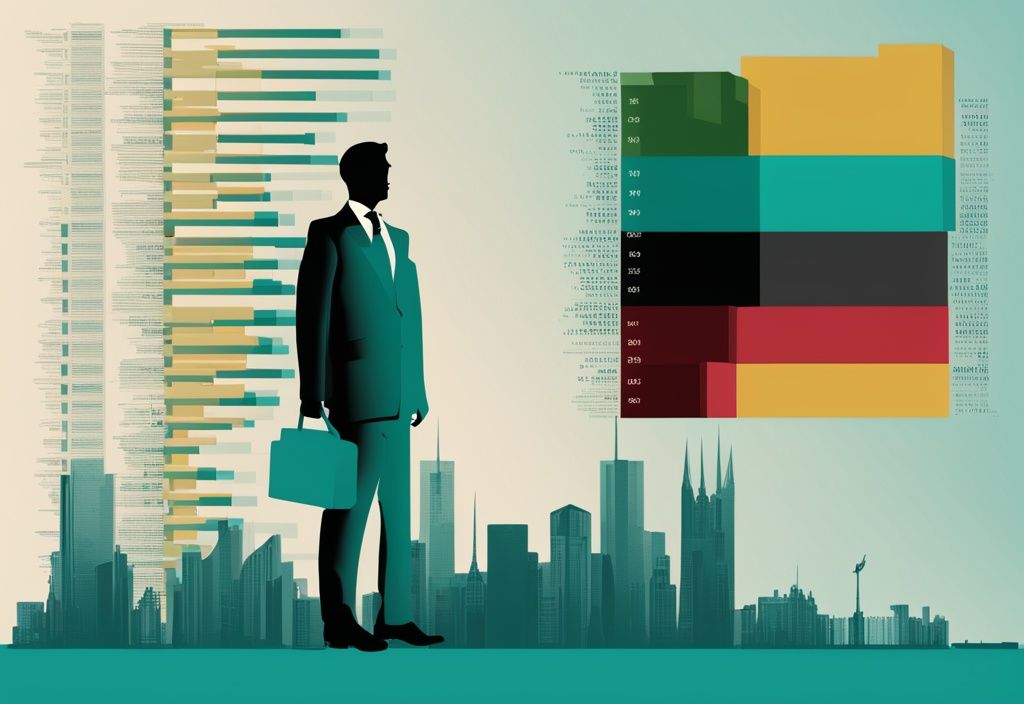 Moderne digitale Illustration eines Balkendiagramms, das die Anzahl der Milliardäre in Deutschland im Vergleich zu anderen Ländern zeigt, mit einer Silhouette eines wohlhabenden Individuums im Hintergrund. Keyword: wie viele Milliardäre gibt es in Deutschland.