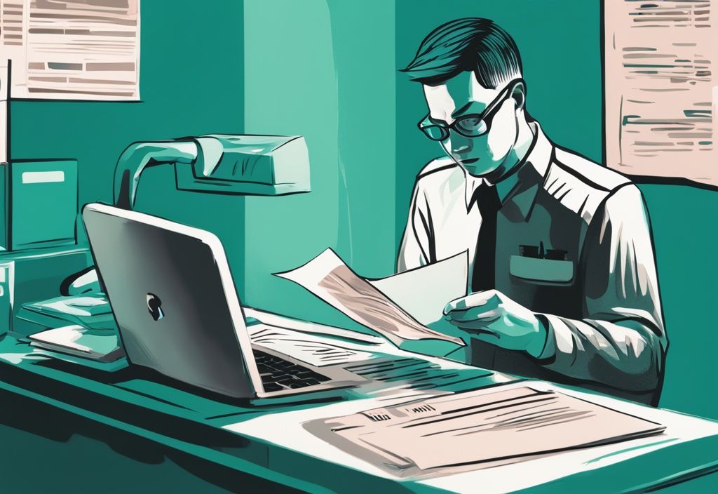 Moderne digitale Illustration in Teal: Sozialamtsmitarbeiter überprüft Dokumente und Computerdaten, symbolisiert wie prüft das Sozialamt mein Vermögen.