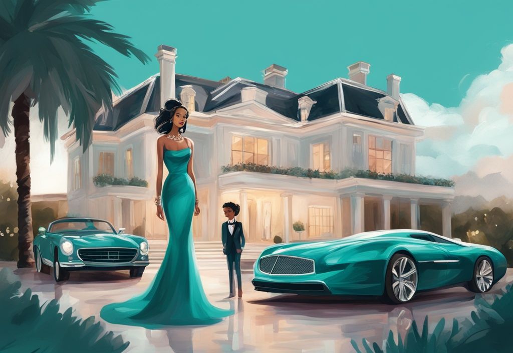 Moderne digitale Malerei mit einem luxuriösen Herrenhaus im Hintergrund, wohlhabende Familie in eleganter Kleidung umgeben von Luxusautos, Privatjet und Yacht, Hauptfarbe Teal.