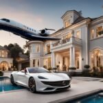 Luxuriöse Villa mit großem Swimmingpool, einem Sportwagen in der Einfahrt und einem Privatjet am Himmel, symbolisierend Megan Thee Stallion Vermögen