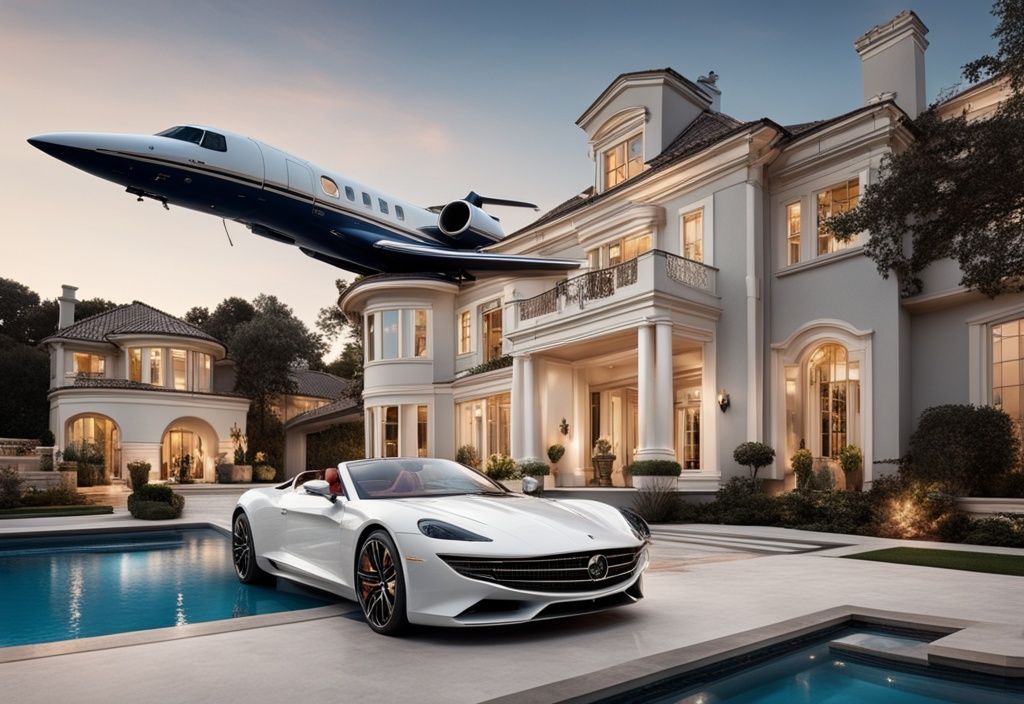 Luxuriöse Villa mit großem Swimmingpool, einem Sportwagen in der Einfahrt und einem Privatjet am Himmel, symbolisierend Megan Thee Stallion Vermögen