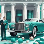 Moderne digitale Illustration eines Politikers mit geschätztem Vermögen von Politikern, umgeben von einer luxuriösen Villa, einem teuren Auto und kostbaren Accessoires, in der Hauptfarbe Teal.