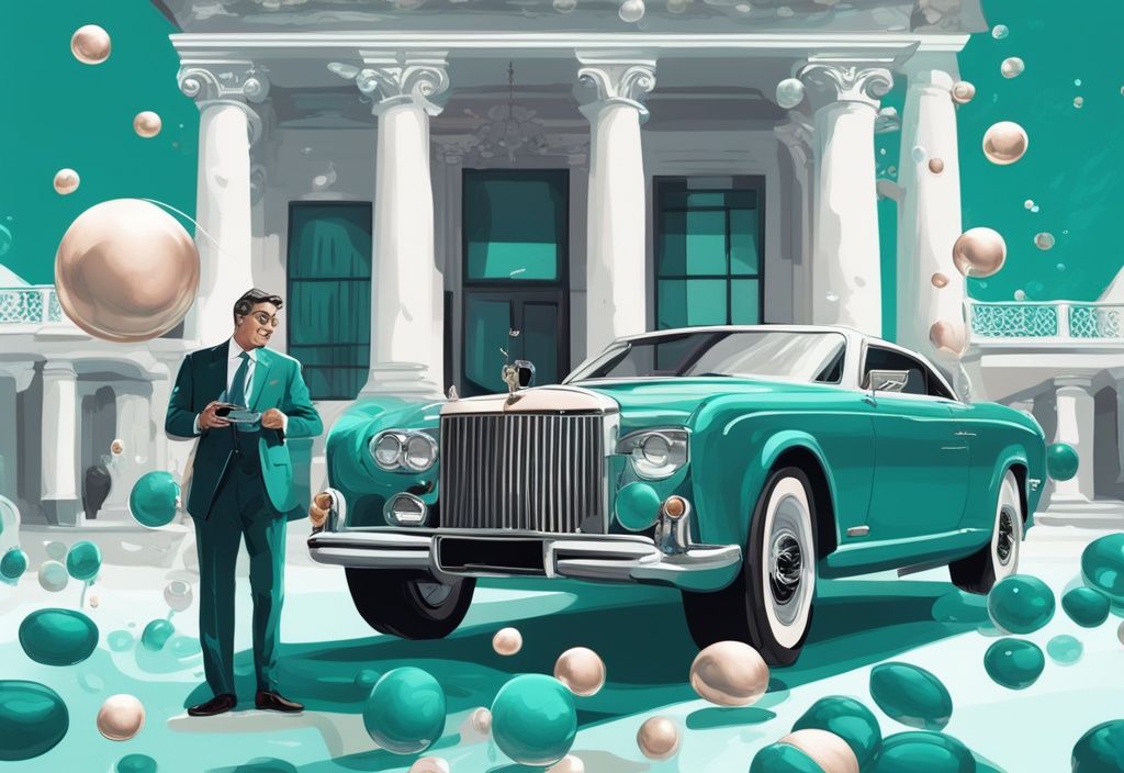 Moderne digitale Illustration eines Politikers mit geschätztem Vermögen von Politikern, umgeben von einer luxuriösen Villa, einem teuren Auto und kostbaren Accessoires, in der Hauptfarbe Teal.