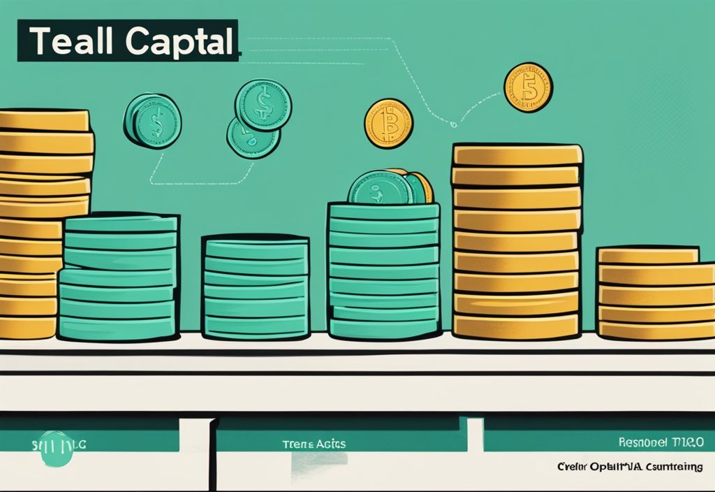 Moderne digitale Illustration mit dem Hauptfarbthema Türkis, zwei Münzstapel mit den Bezeichnungen "Vermögenswerte" und "Kapital" und einer einfachen Infografik, die die Unterschiede erklärt.