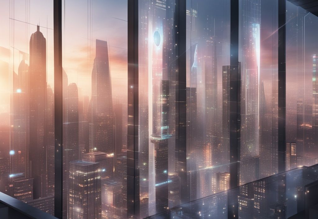 Futuristische Stadtlandschaft mit Wolkenkratzern aus Glas und Stahl im Sonnenaufgang, holografischer Bildschirm im Vordergrund zeigt Wachstums- und Fortschrittsdiagramme, Future Vermögen.