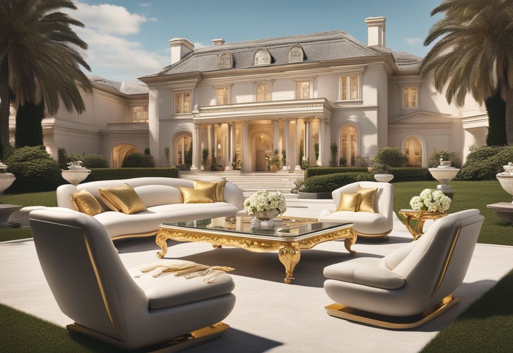 Luxuriöse Villa mit weitläufigem Garten, Privatjet auf der Landebahn und ein Haufen Gold- und Diamantschmuck auf einem Tisch, symbolisiert Nicki Minaj Vermögen.