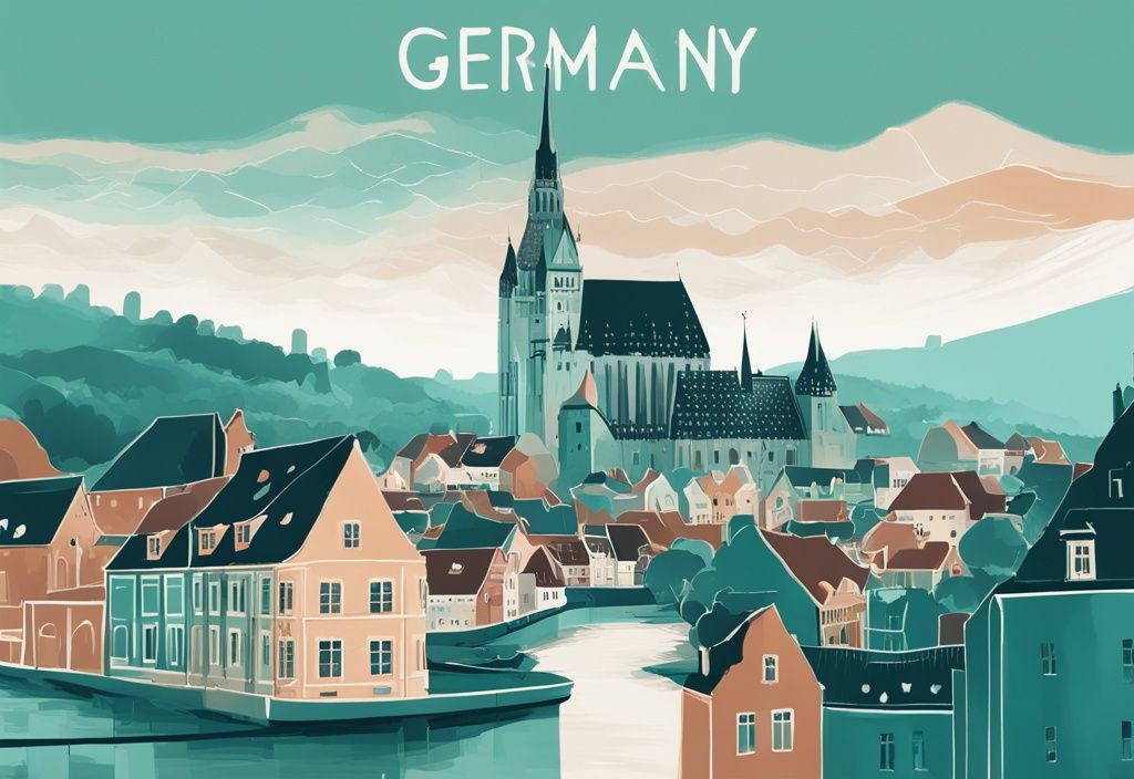 Moderne digitale Illustration einer Karte von Deutschland in Teal-Tönen, die wohlhabende Stadtviertel und Städte hervorhebt, wo leben die reichsten Menschen in Deutschland.