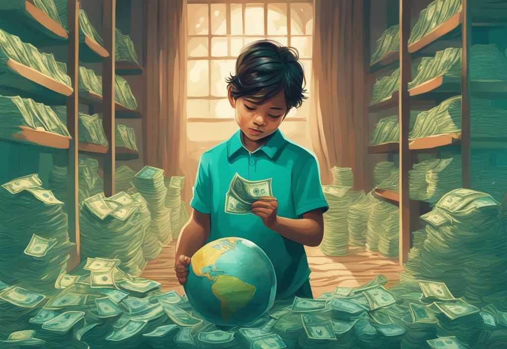 Wer ist das reichste Kind der Welt? Ein Kind in luxuriöser Umgebung zählt Geldstapel, mit einem Globus im Hintergrund, in einer modernen digitalen Illustration in Teal.