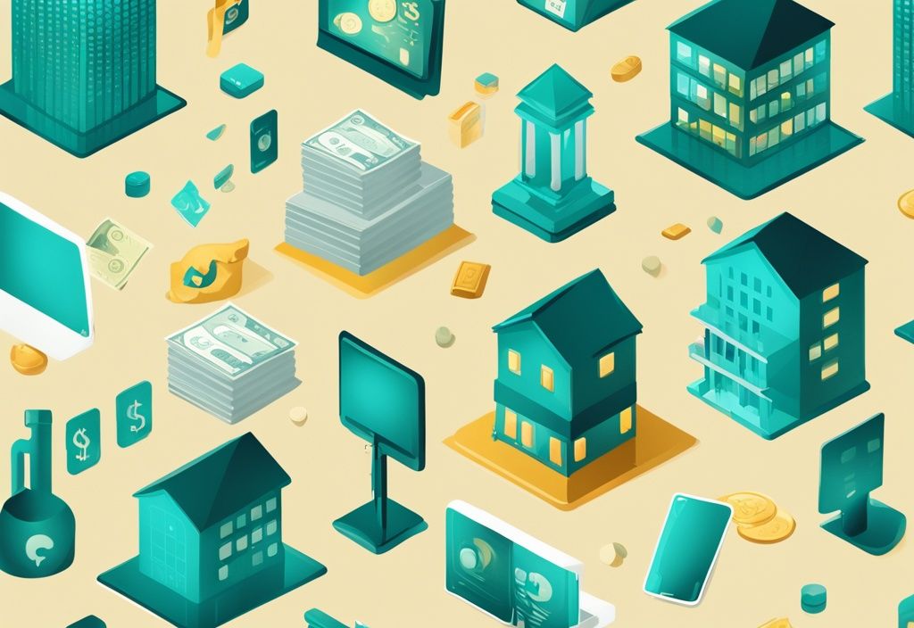 Moderne digitale Malerei mit Immobilien, Aktien, Anleihen, Gold und Bargeld, symbolisch durch entsprechende Icons dargestellt, Hauptfarbe Teal.