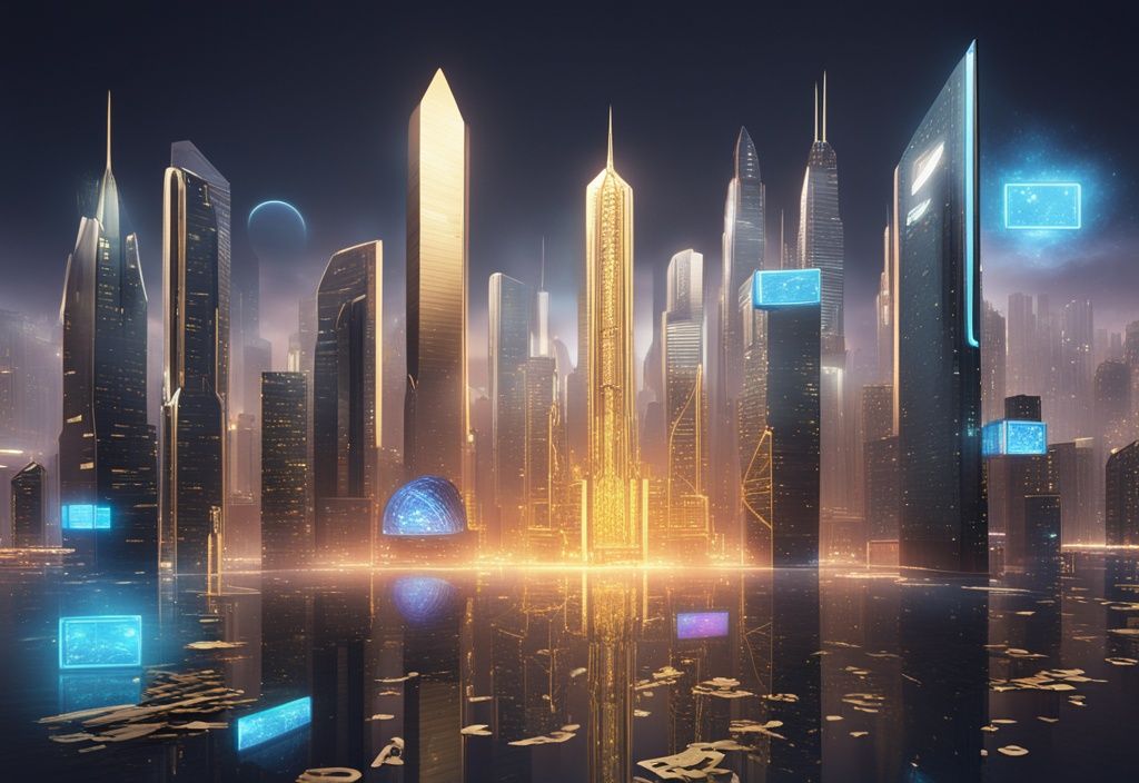 Futuristische Stadtansicht mit hohen Wolkenkratzern, die Wachstum und Wohlstand darstellen; im Vordergrund ein leuchtendes holographisches Display mit Symbolen für Vermögenswerte wie Goldbarren, Aktien und Währungen.