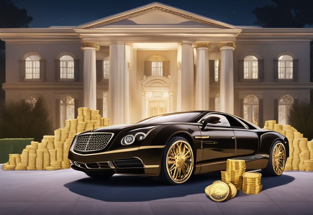 Luxuriöse Villa mit Luxusauto, umgeben von Goldmünzen und Dollar-Scheinen, symbolisiert Cardi B Vermögen