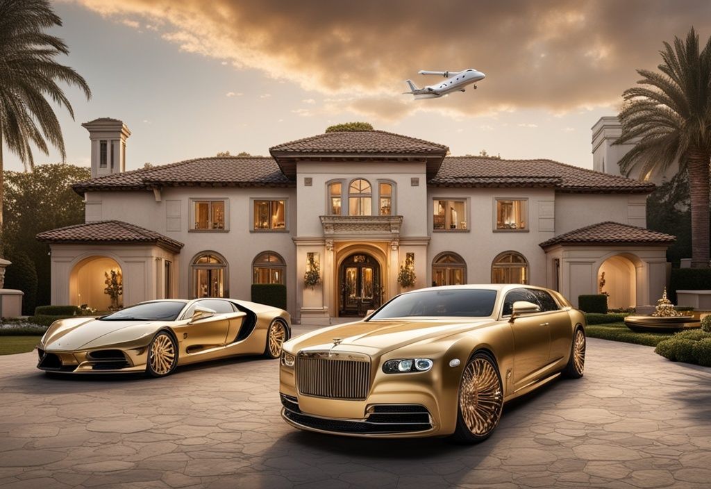 Luxuriöse Villa mit weitläufigem Anwesen, Luxusautos in der Einfahrt, Privatjet im Hintergrund und verstreutem Gold- und Diamantschmuck