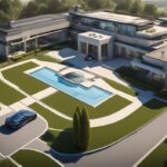 Luxuriöse Villa mit gepflegtem Garten, Helikopter auf dem Landeplatz und High-Tech-Garage mit Luxusautos, symbolisch für Bill Gates Vermögen.