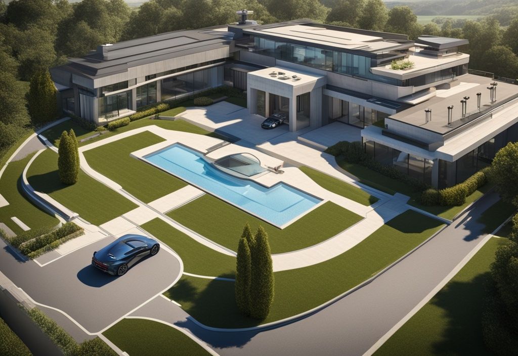 Luxuriöse Villa mit gepflegtem Garten, Helikopter auf dem Landeplatz und High-Tech-Garage mit Luxusautos, symbolisch für Bill Gates Vermögen.