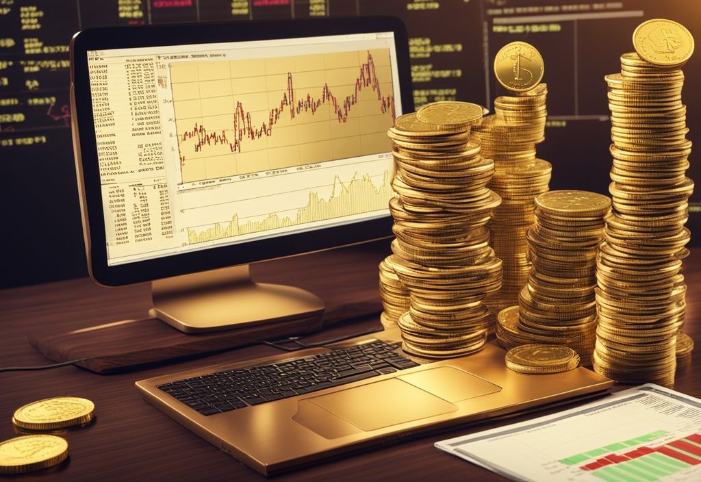 Ein Stapel Goldmünzen und -barren auf einem luxuriösen Mahagonischreibtisch mit einem Computerbildschirm, der ein Handelsdiagramm im Hintergrund anzeigt.