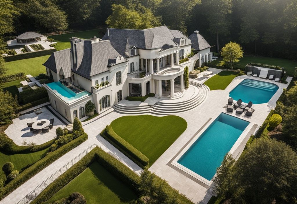 Luxuriöse Villa mit langem Zufahrtsweg, geparkten Luxusautos und großem Swimmingpool im Hinterhof, Symbol für Reichtum und Wohlstand, in Verbindung mit Lucy Diakovska Vermögen.